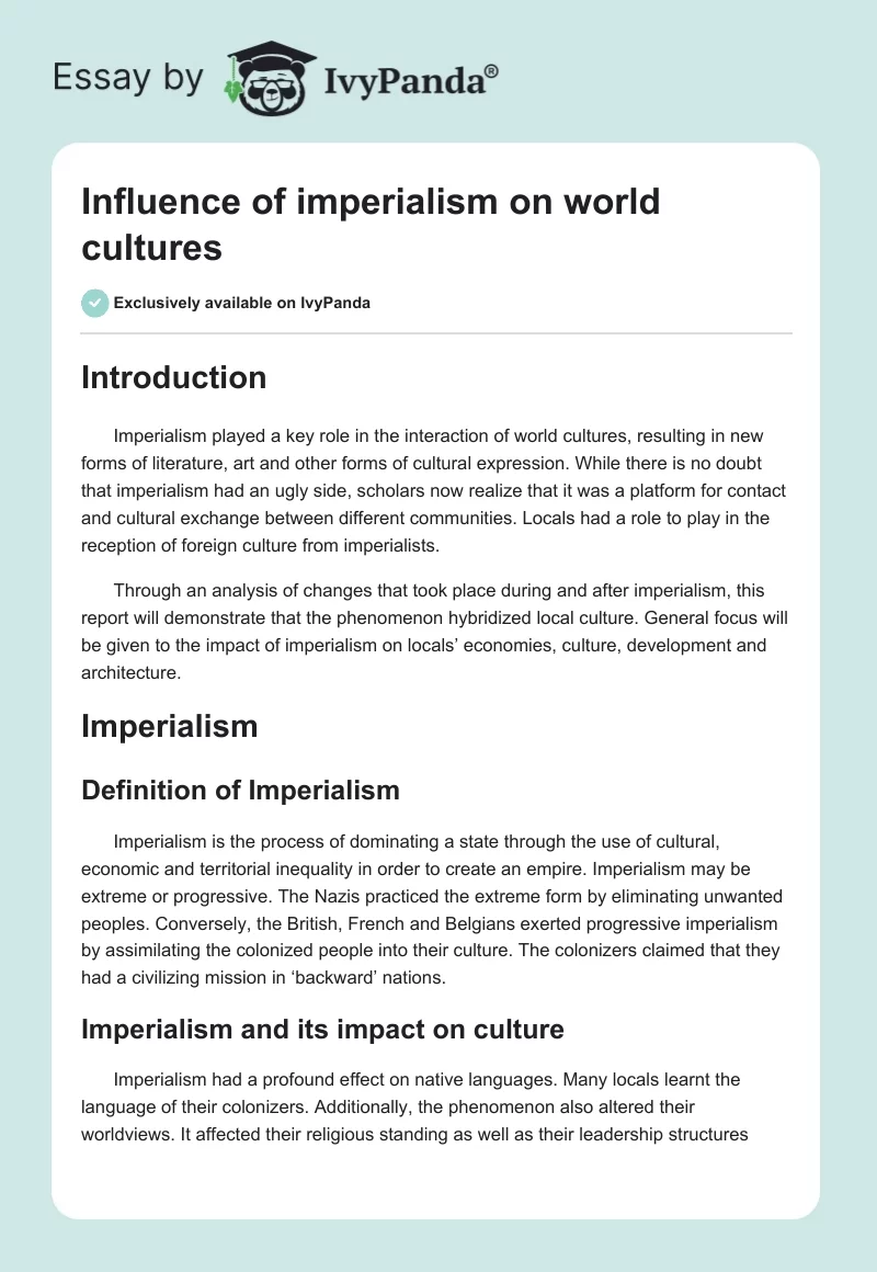 Influence of Imperialism on World Cultures. Page 1