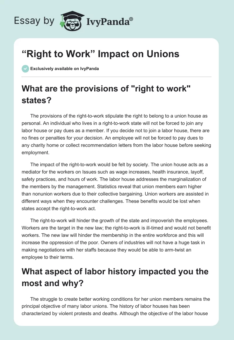 “Right to Work” Impact on Unions. Page 1