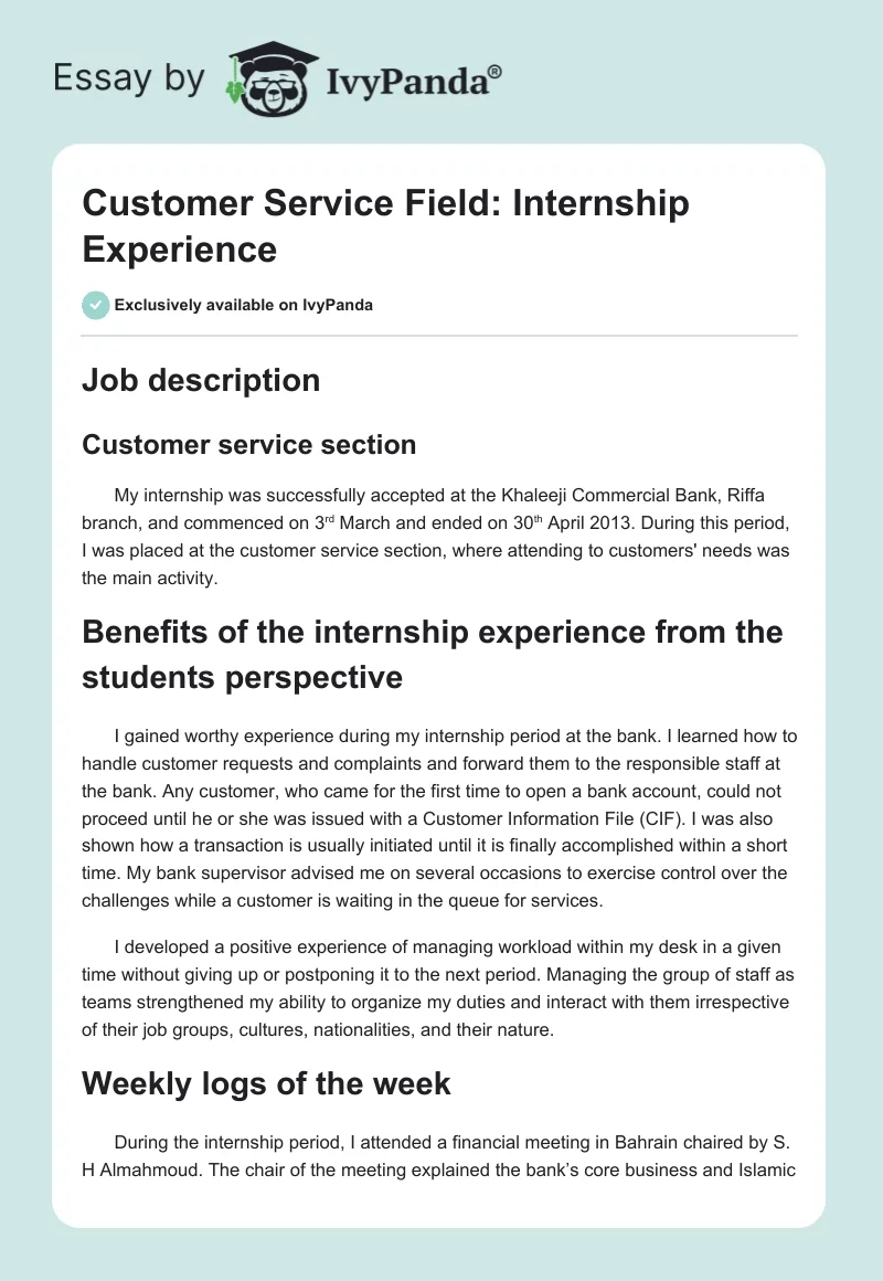 Customer Service Field: Internship Experience. Page 1