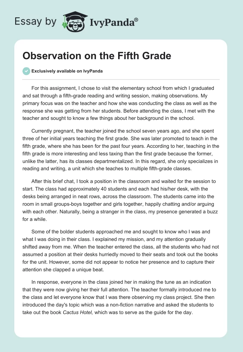 Observation on the Fifth Grade. Page 1