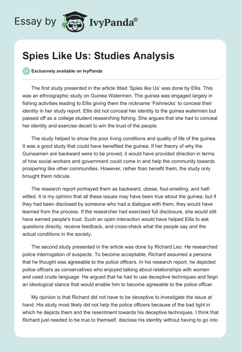 Spies Like Us: Studies Analysis. Page 1