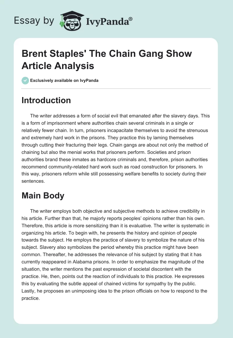 Brent Staples' "The Chain Gang Show" Article Analysis. Page 1