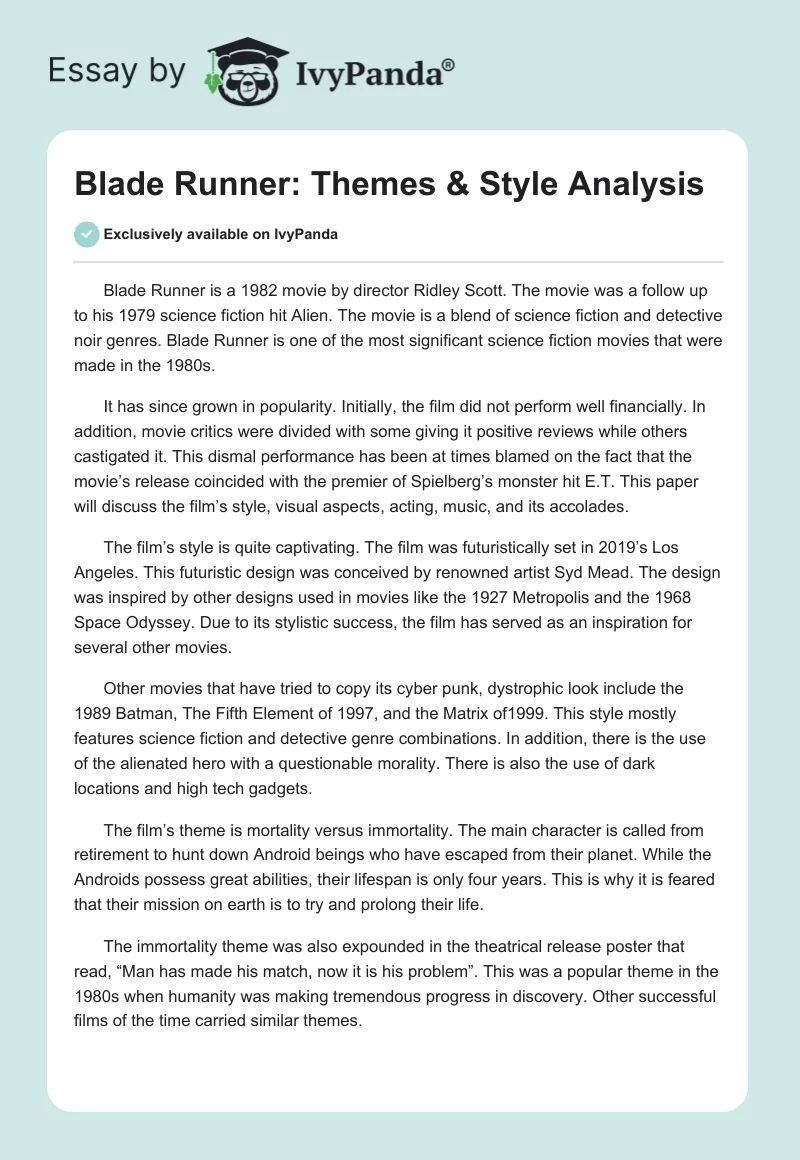 Blade Runner: Themes & Style Analysis. Page 1