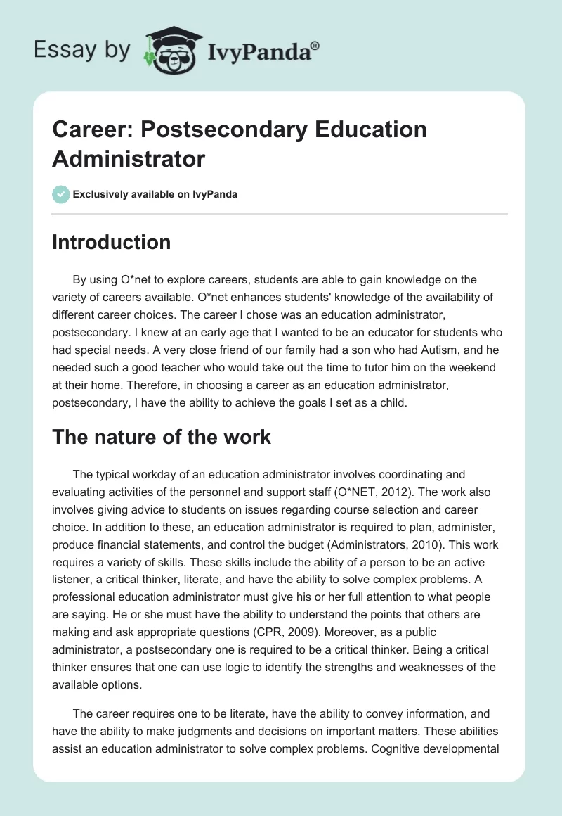 Career: Postsecondary Education Administrator. Page 1