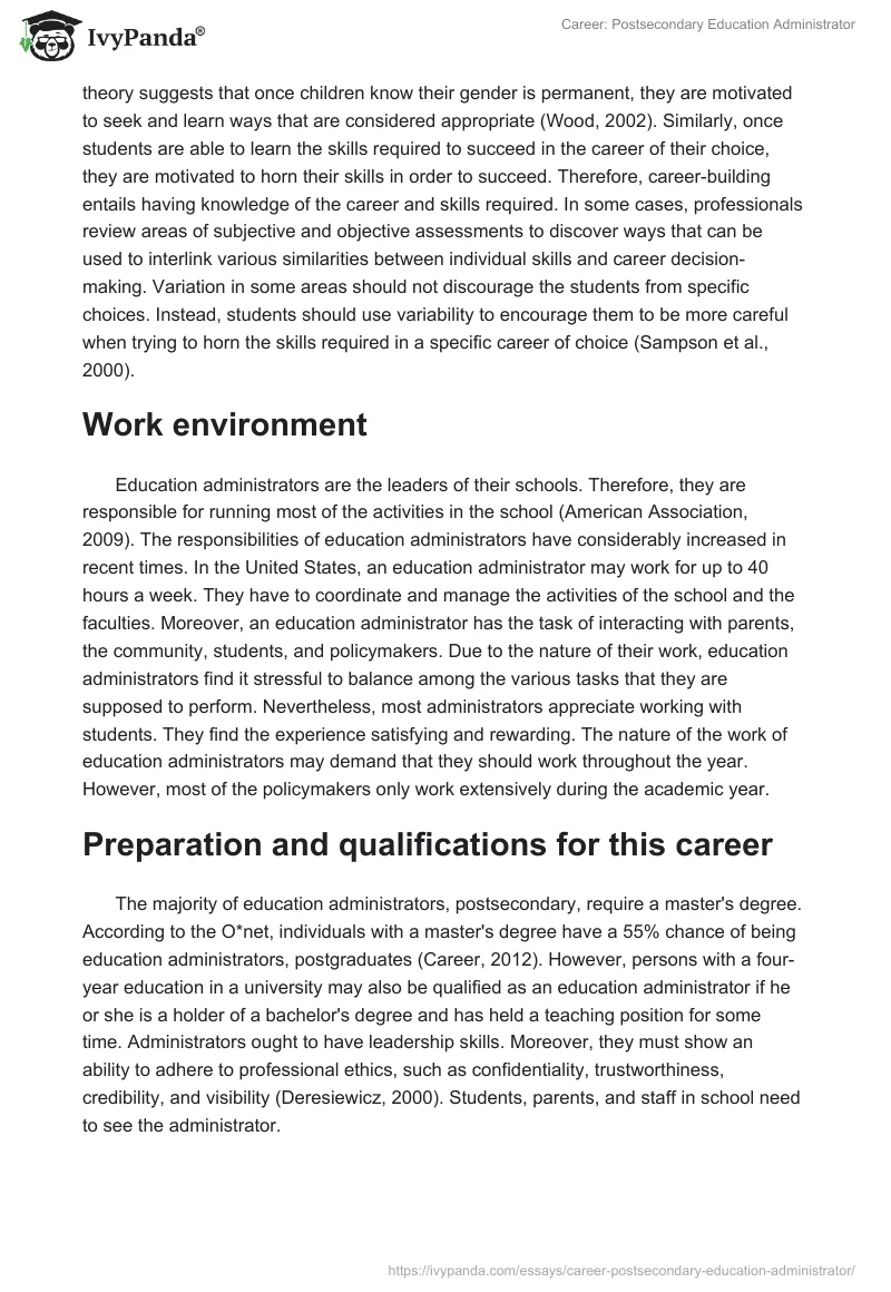 Career: Postsecondary Education Administrator. Page 2