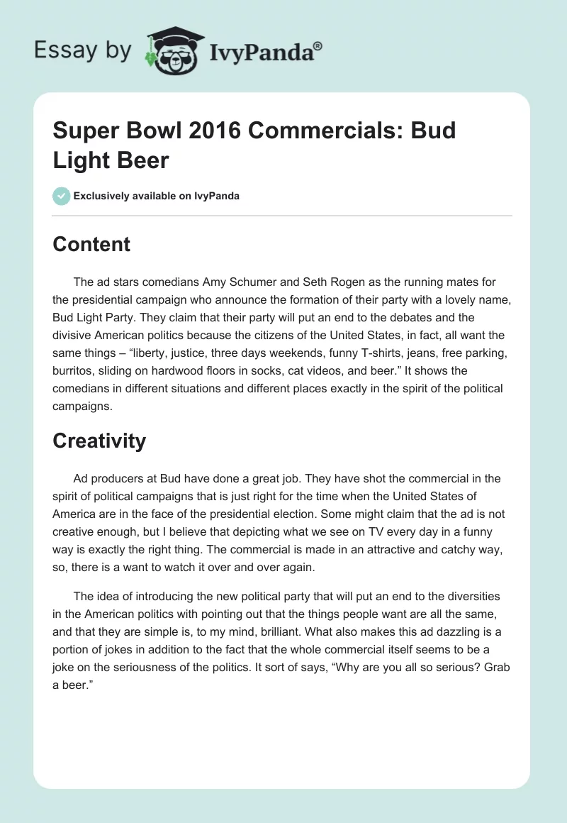 Super Bowl 2016 Commercials: Bud Light Beer. Page 1