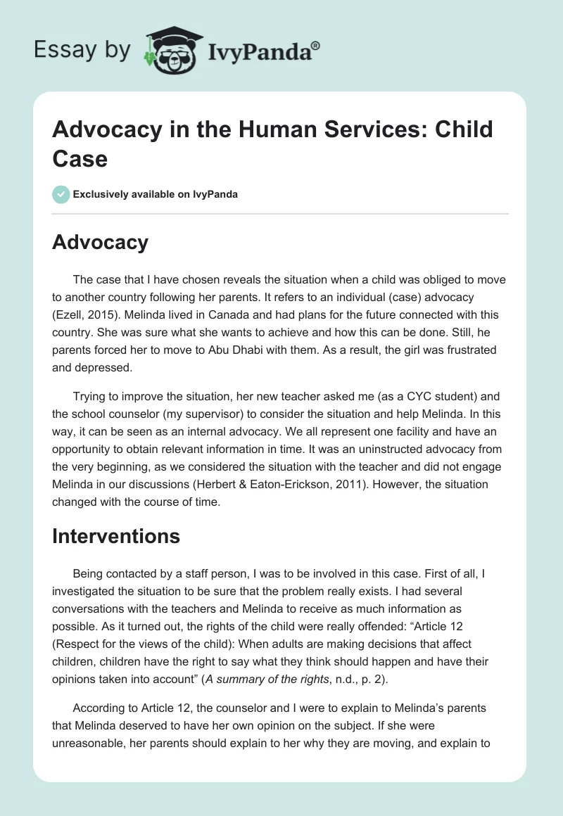 Advocacy in the Human Services: Child Case. Page 1