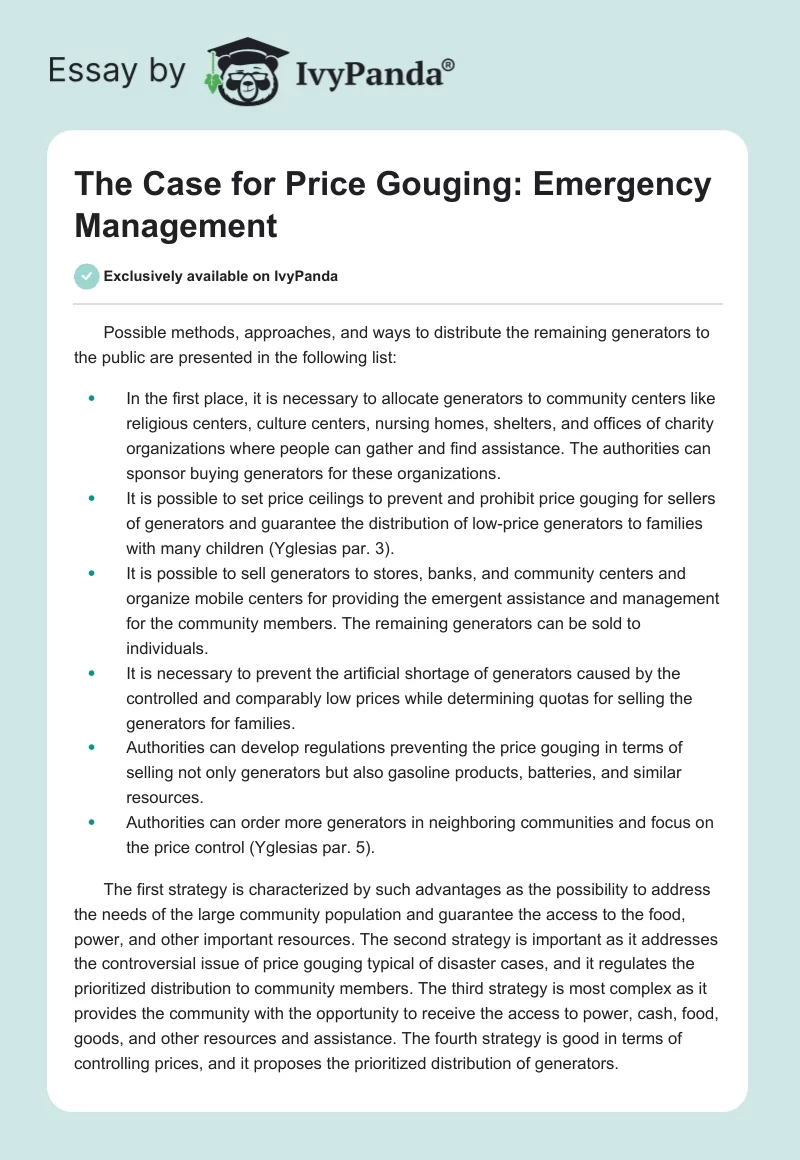 The Case for Price Gouging: Emergency Management. Page 1