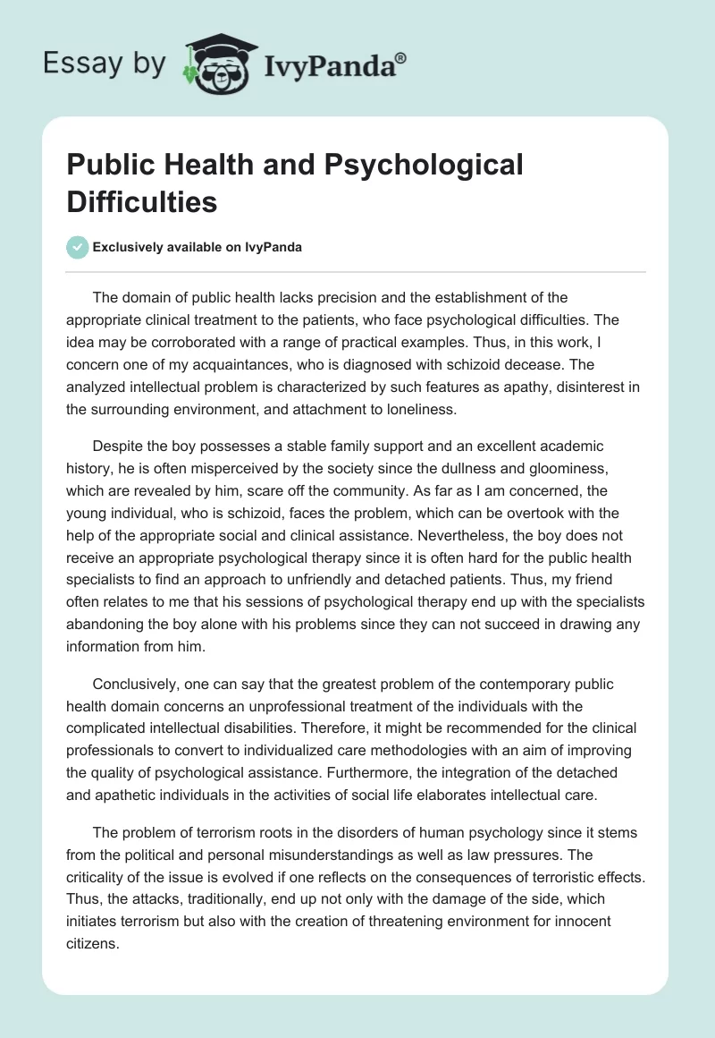 Public Health and Psychological Difficulties. Page 1