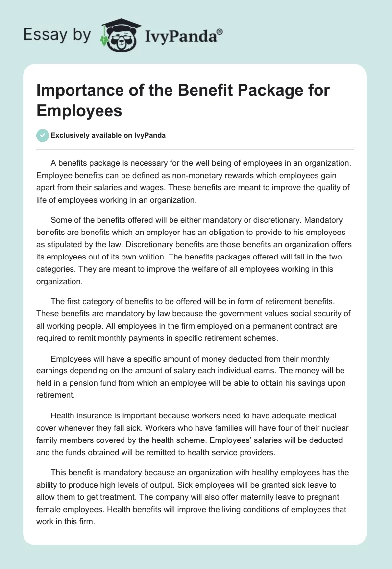 Importance of the Benefit Package for Employees . Page 1