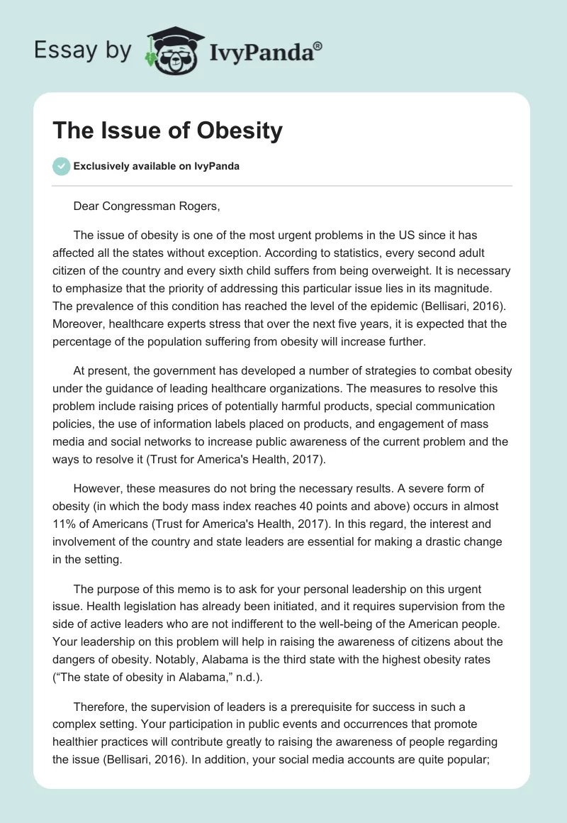 The Issue of Obesity. Page 1