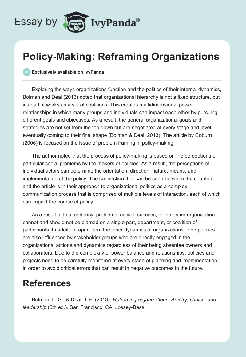 Policy-Making: Reframing Organizations. Page 1