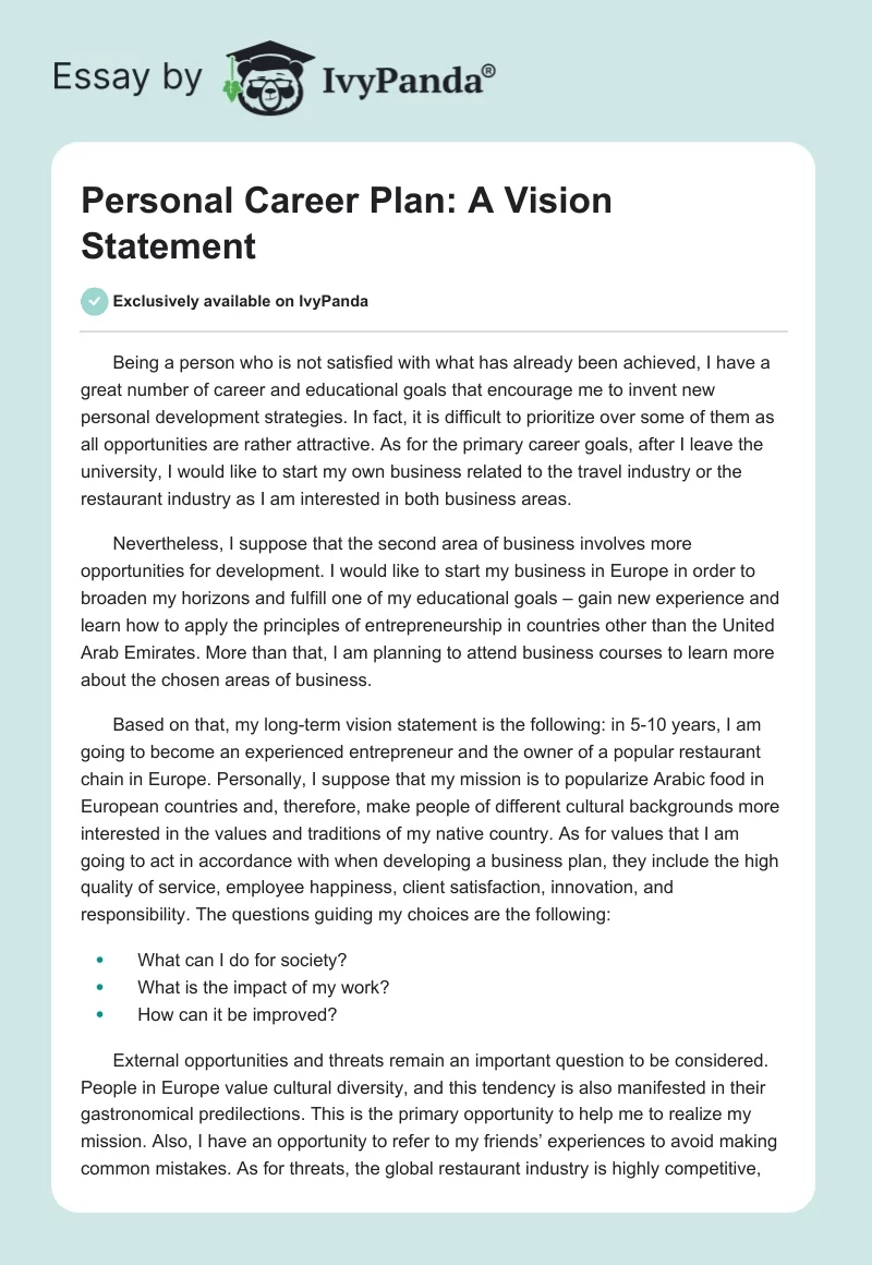 Developing a personal vision statement
