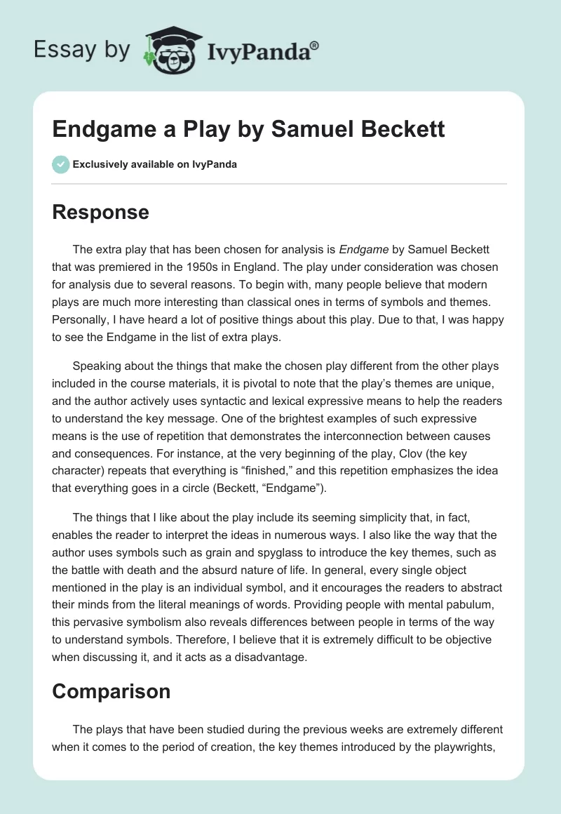 "Endgame" a Play by Samuel Beckett. Page 1