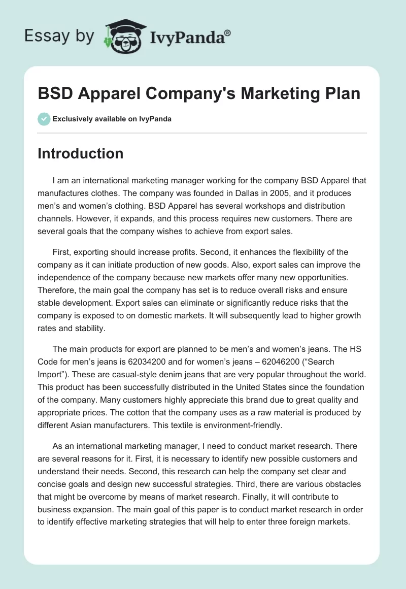 BSD Apparel Company's Marketing Plan. Page 1