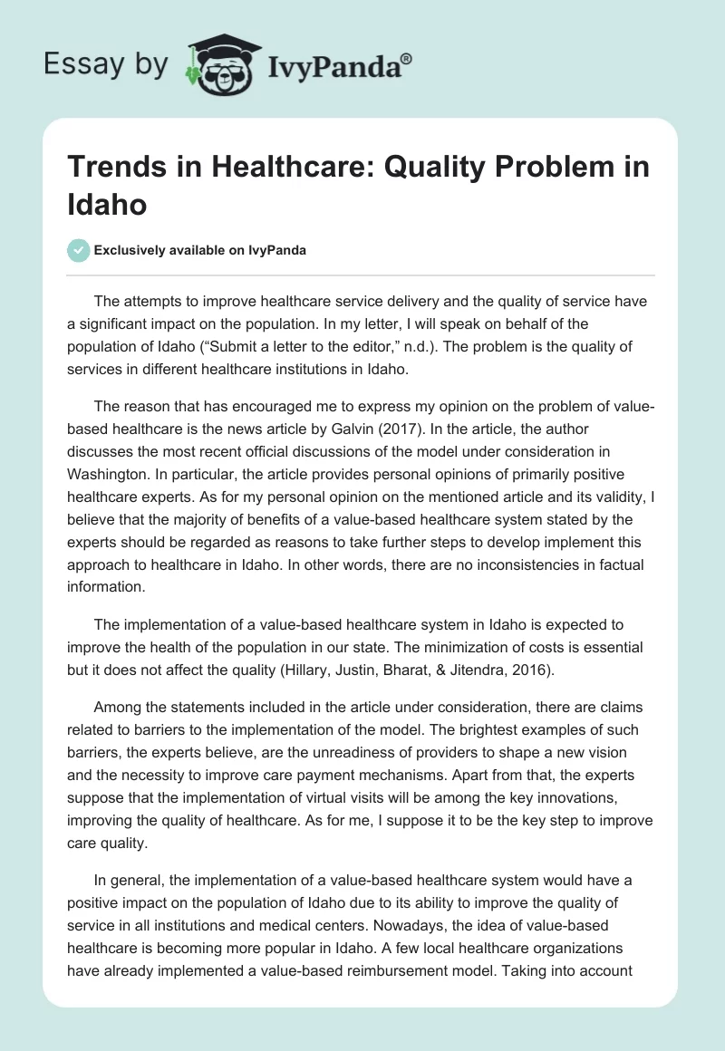 Trends in Healthcare: Quality Problem in Idaho. Page 1
