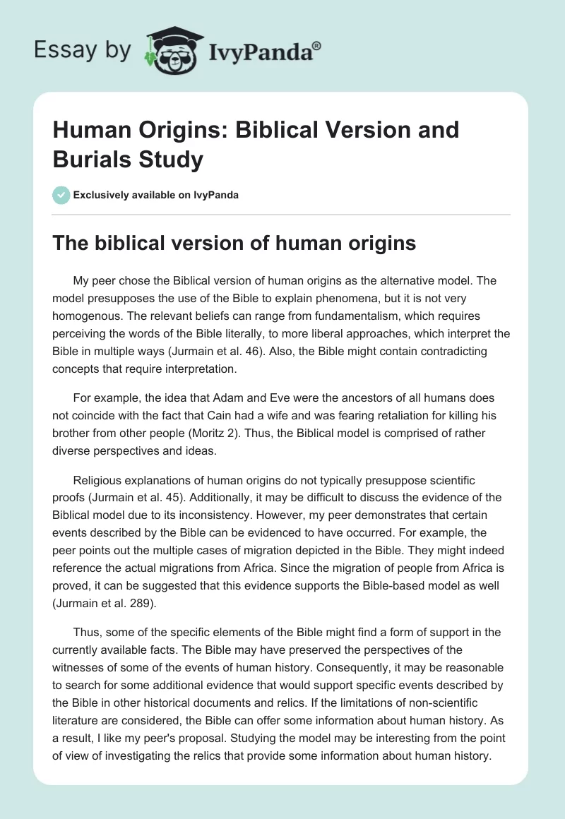 Human Origins: Biblical Version and Burials Study. Page 1
