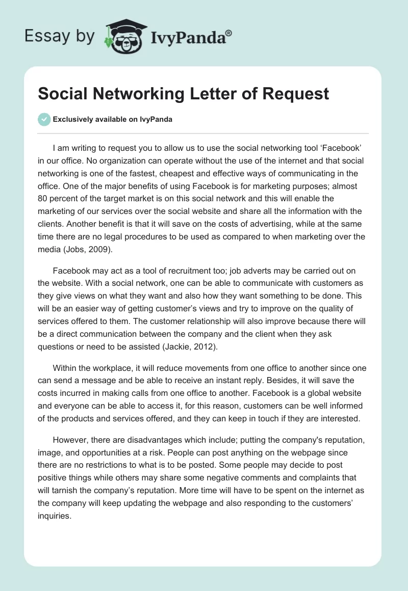 Social Networking Letter of Request. Page 1