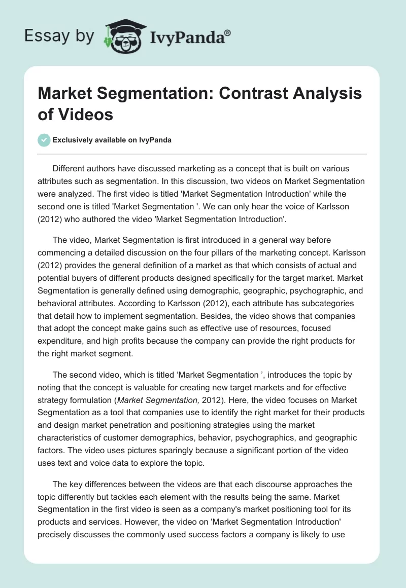 Market Segmentation: Contrast Analysis of Videos. Page 1