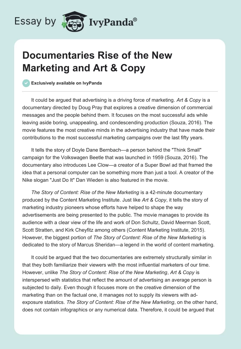 Documentaries "Rise of the New Marketing" and "Art & Copy". Page 1