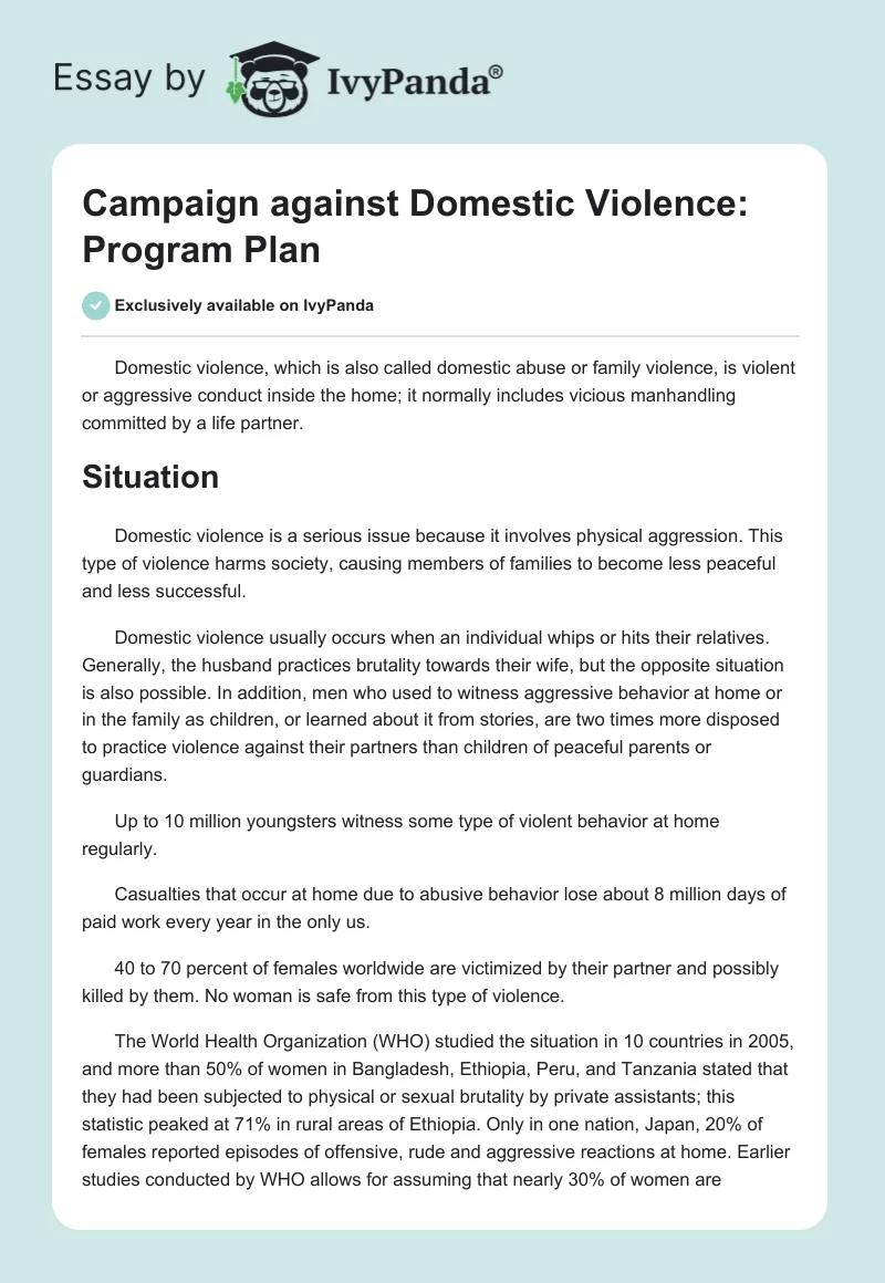Campaign against Domestic Violence: Program Plan. Page 1