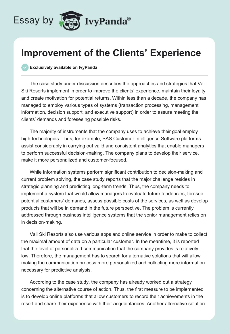 Improvement of the Clients’ Experience. Page 1