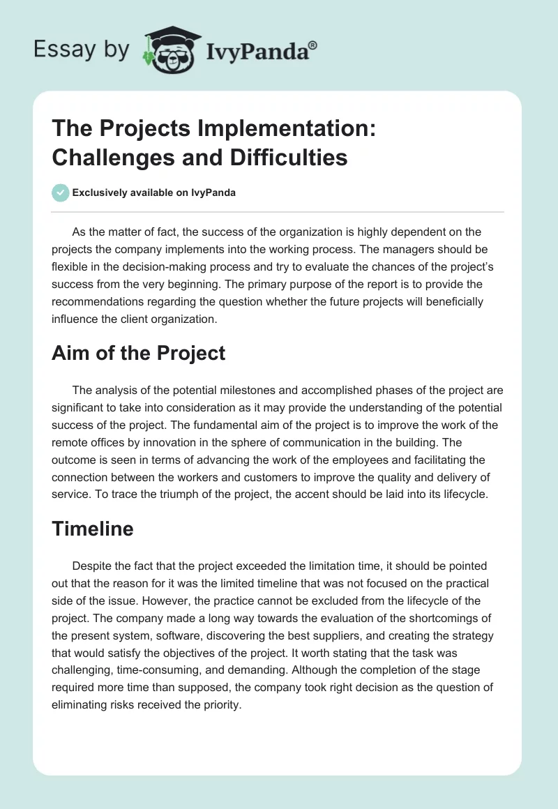 The Projects Implementation: Challenges and Difficulties. Page 1