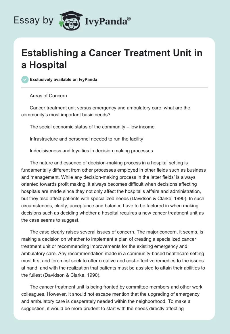 Establishing a Cancer Treatment Unit in a Hospital. Page 1
