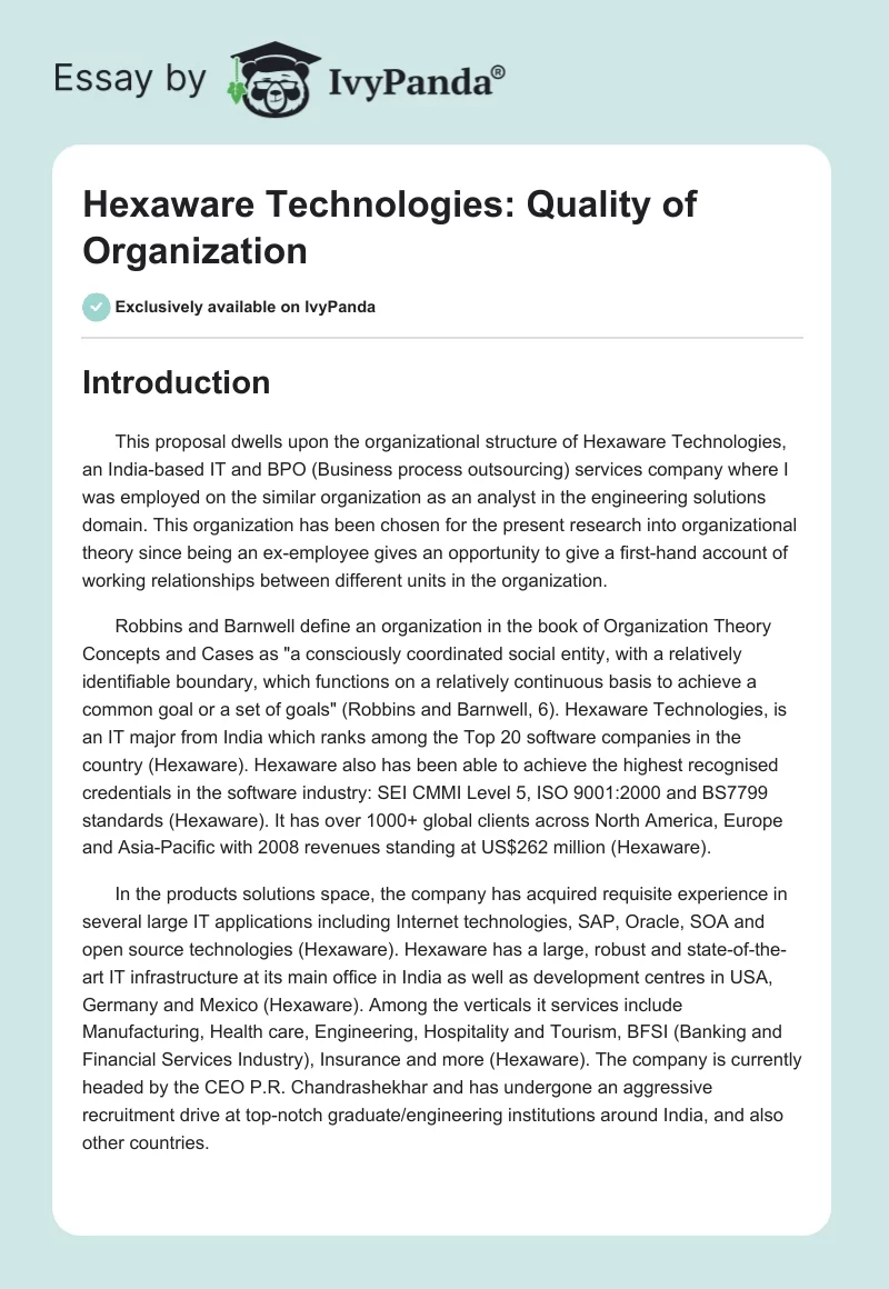 Hexaware Technologies: Quality of Organization. Page 1