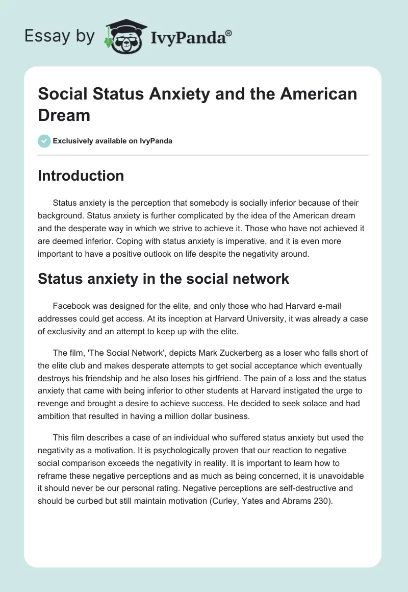 Social Status Anxiety and the American Dream. Page 1