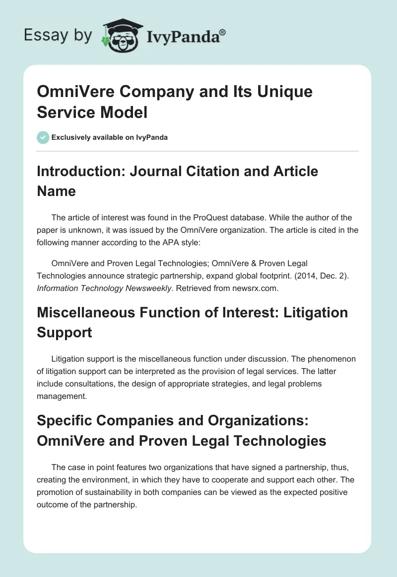 OmniVere Company and Its Unique Service Model. Page 1