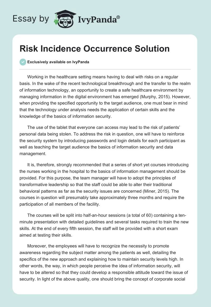 Risk Incidence Occurrence Solution. Page 1