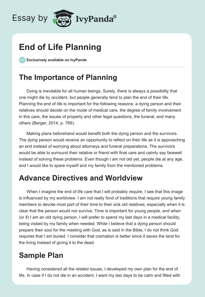 End of Life Planning. Page 1