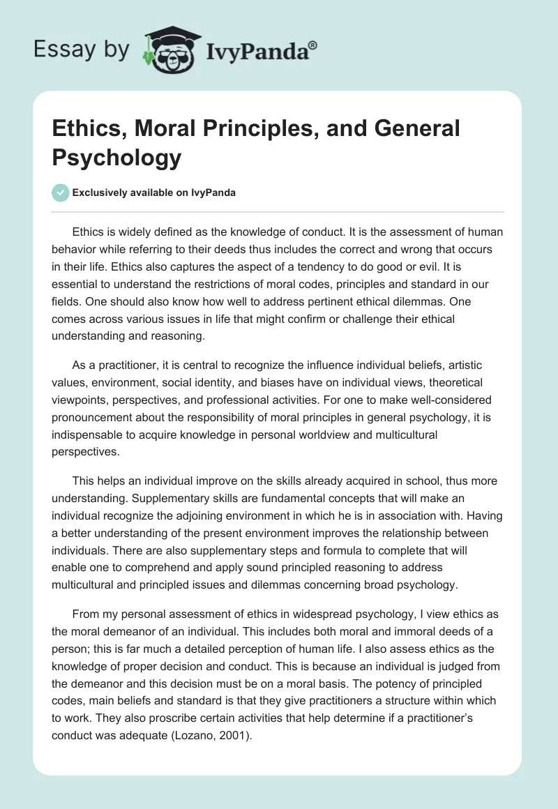 Ethics, Moral Principles, and General Psychology. Page 1