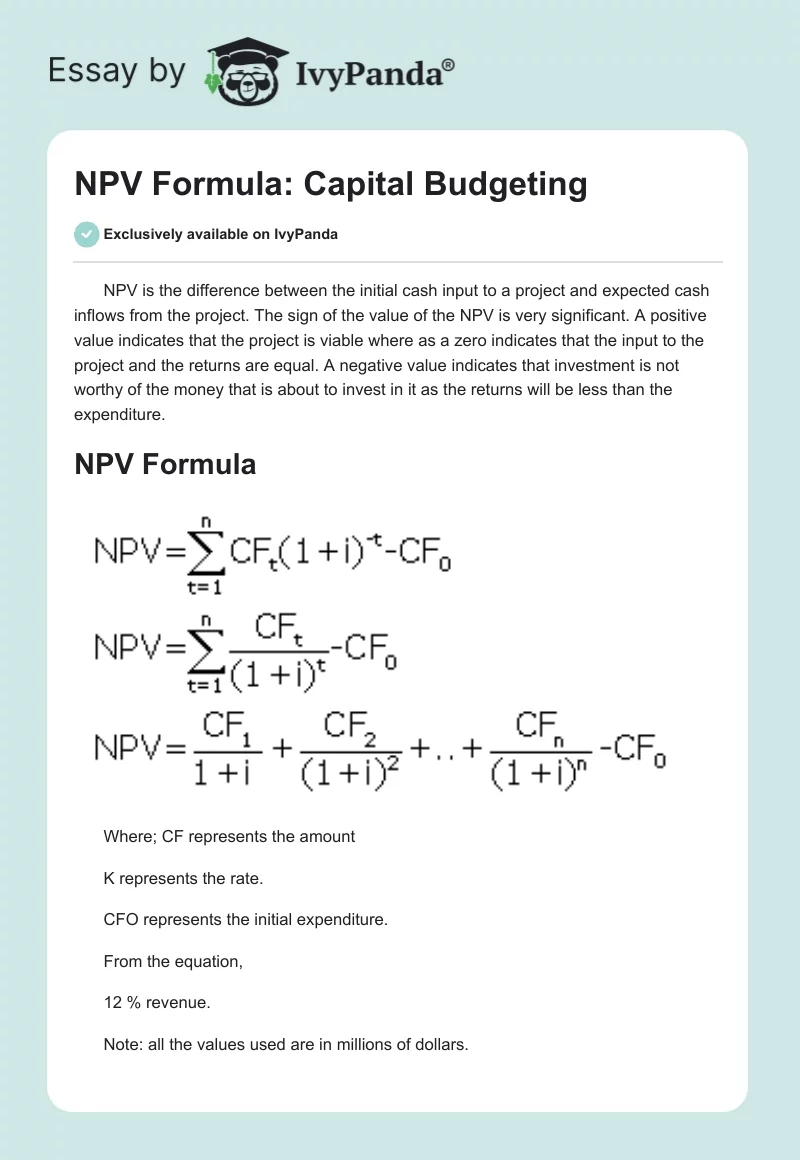 NPV Formula: Capital Budgeting. Page 1