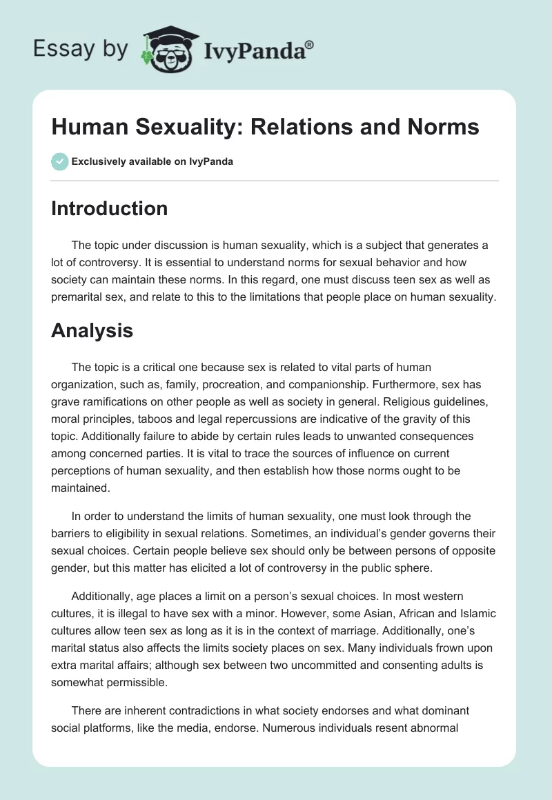 Human Sexuality: Relations and Norms. Page 1