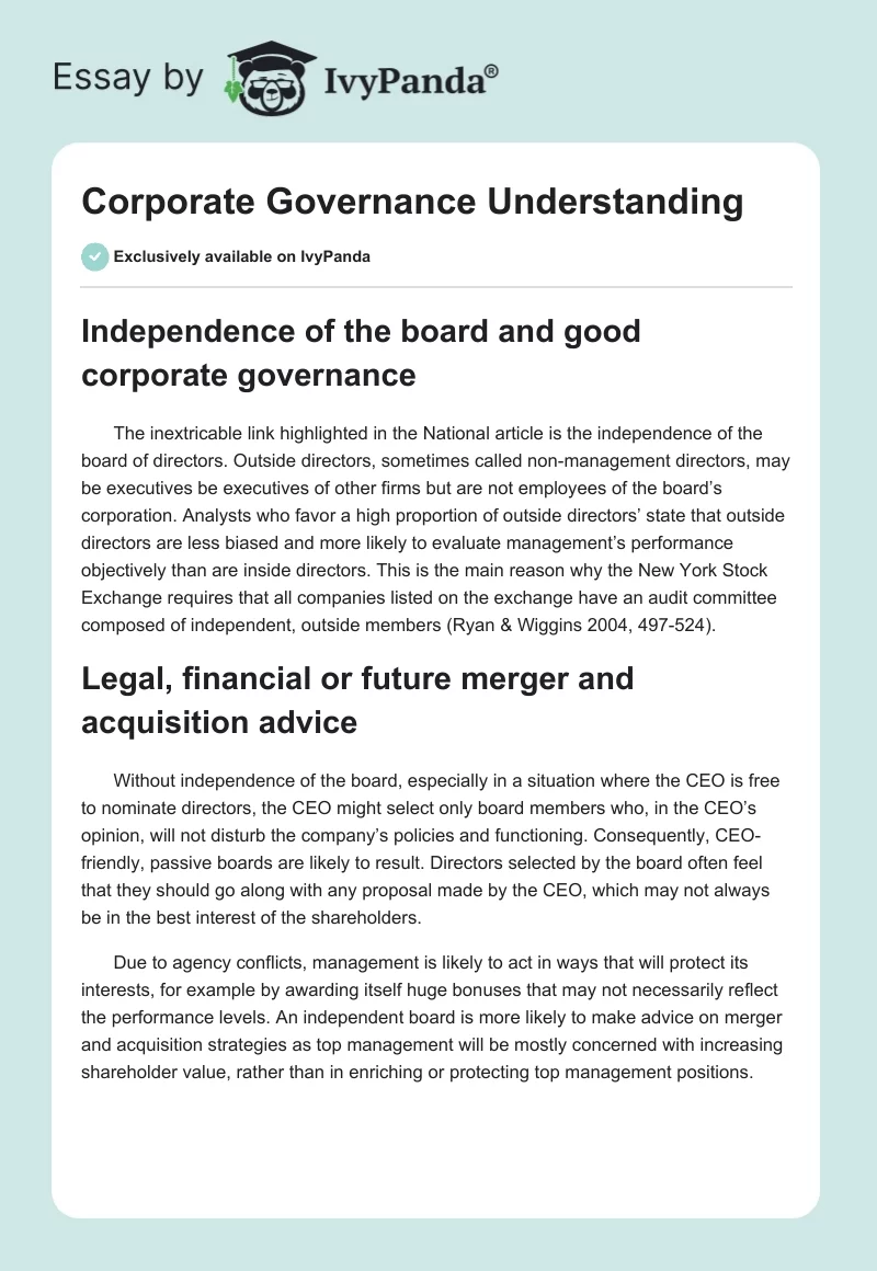 Corporate Governance Understanding. Page 1