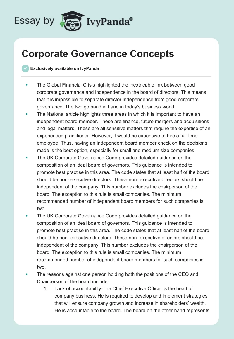 Corporate Governance Concepts. Page 1