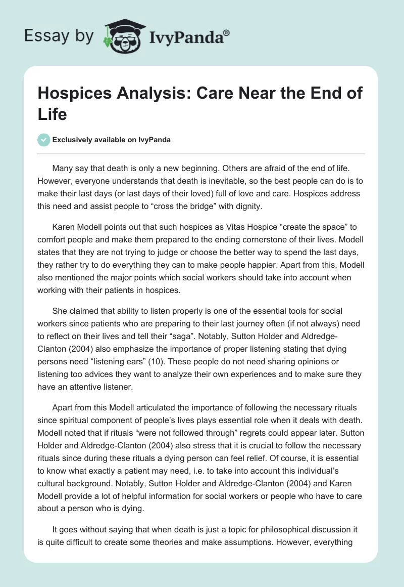 Hospices Analysis: Care Near the End of Life. Page 1
