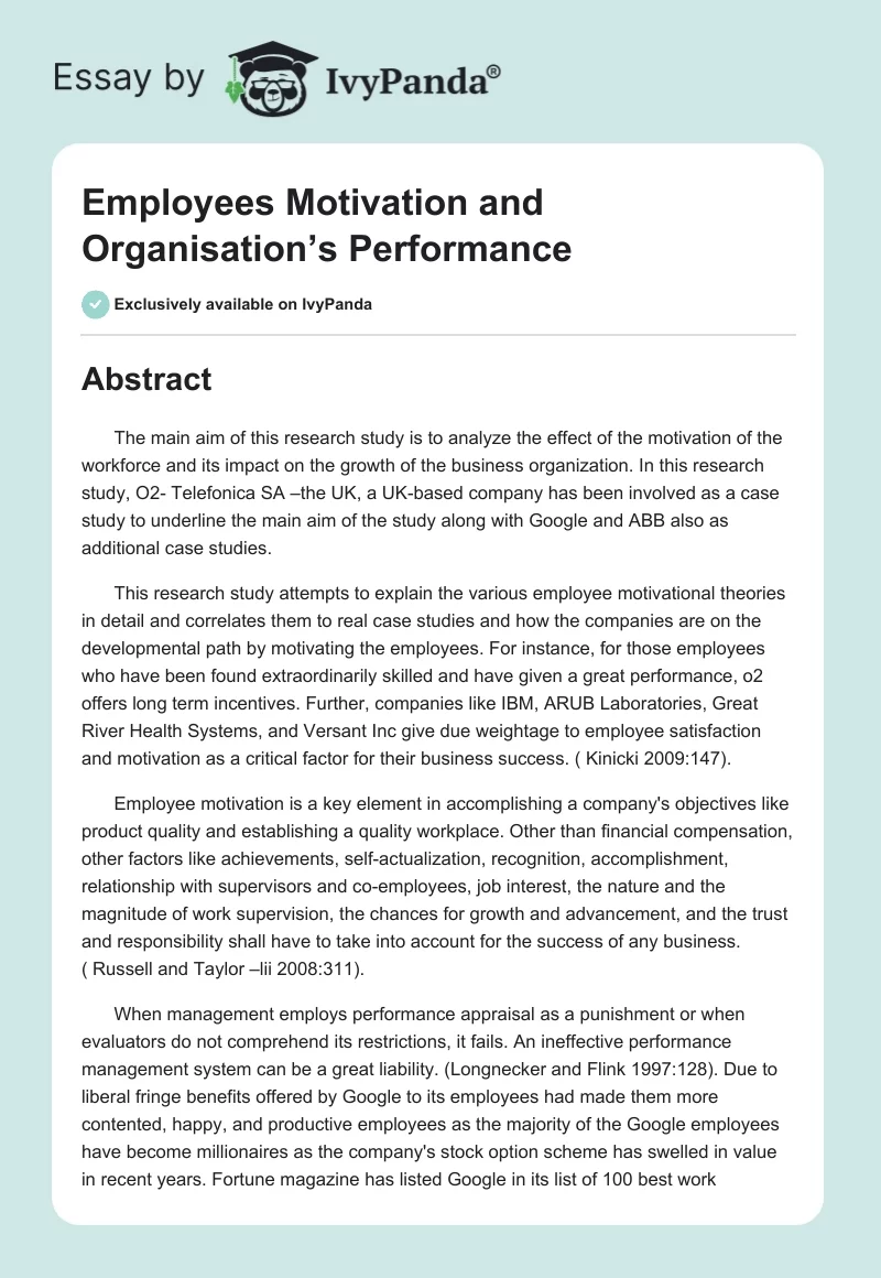 Employees Motivation and Organisation’s Performance. Page 1