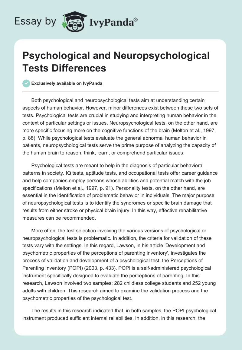 Psychological and Neuropsychological Tests Differences. Page 1