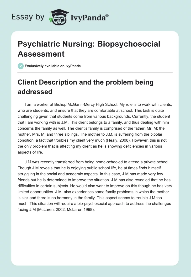 Psychiatric Nursing: Biopsychosocial Assessment. Page 1