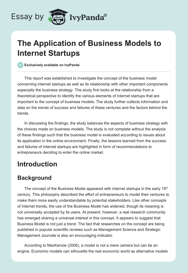 The Application of Business Models to Internet Startups. Page 1