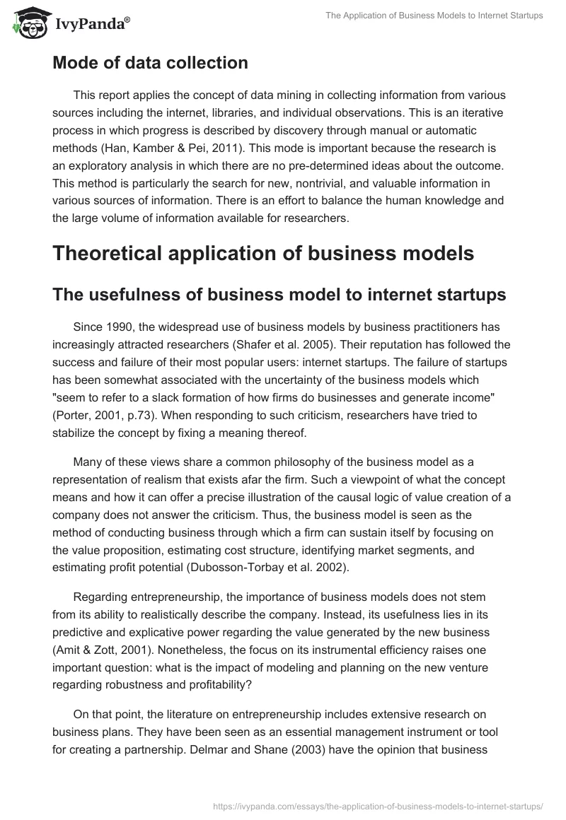 The Application of Business Models to Internet Startups. Page 4