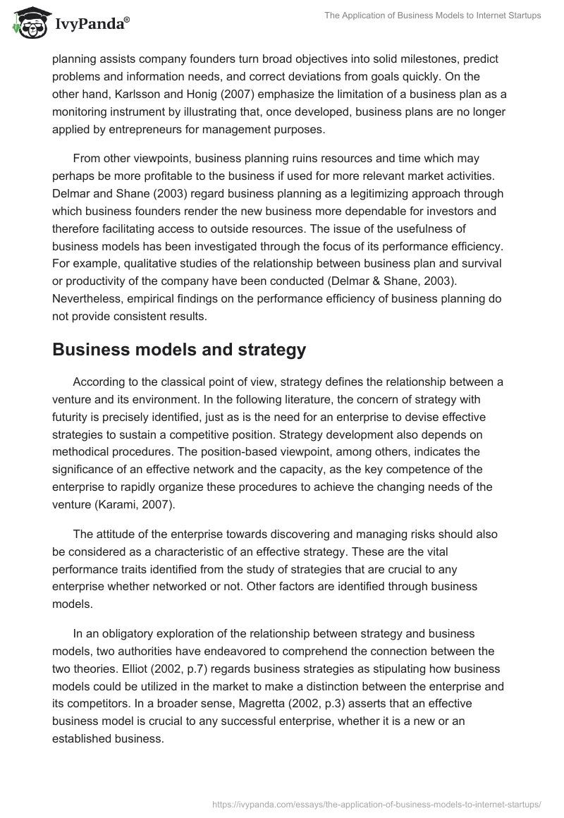 The Application of Business Models to Internet Startups. Page 5