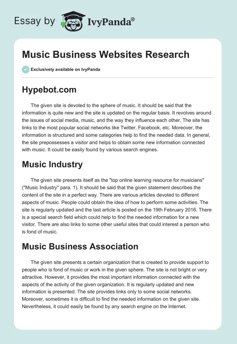 Music Business Websites Research. Page 1