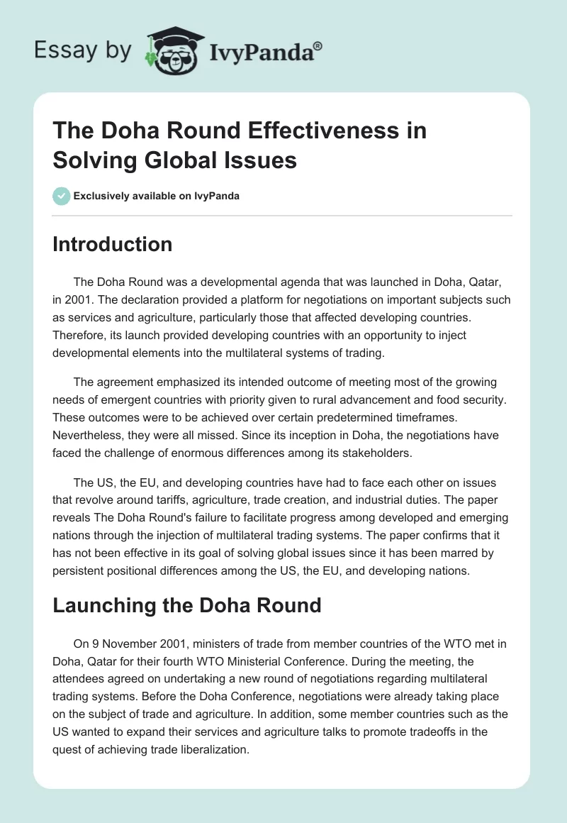 The Doha Round Effectiveness in Solving Global Issues. Page 1