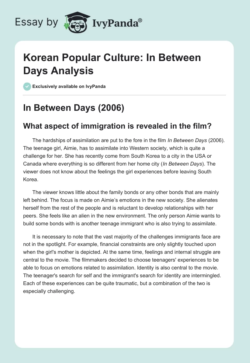 Korean Popular Culture: "In Between Days" Analysis. Page 1