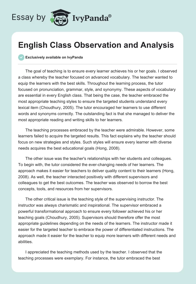 English Class Observation and Analysis. Page 1