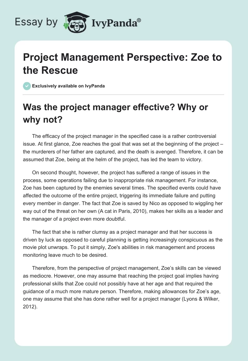 Project Management Perspective: Zoe to the Rescue. Page 1
